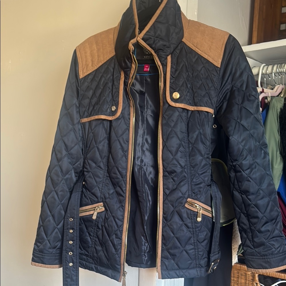 Vince Camuto Black and Tan Puffer Jacket with Quilted Design